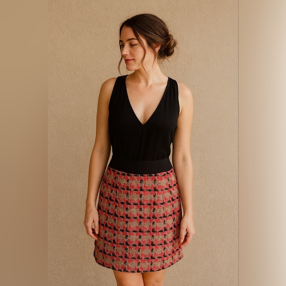 NWT Anthropologie Nell Couture Tweed Mixed Media Crepe Pink Plaid Dress Sz 10